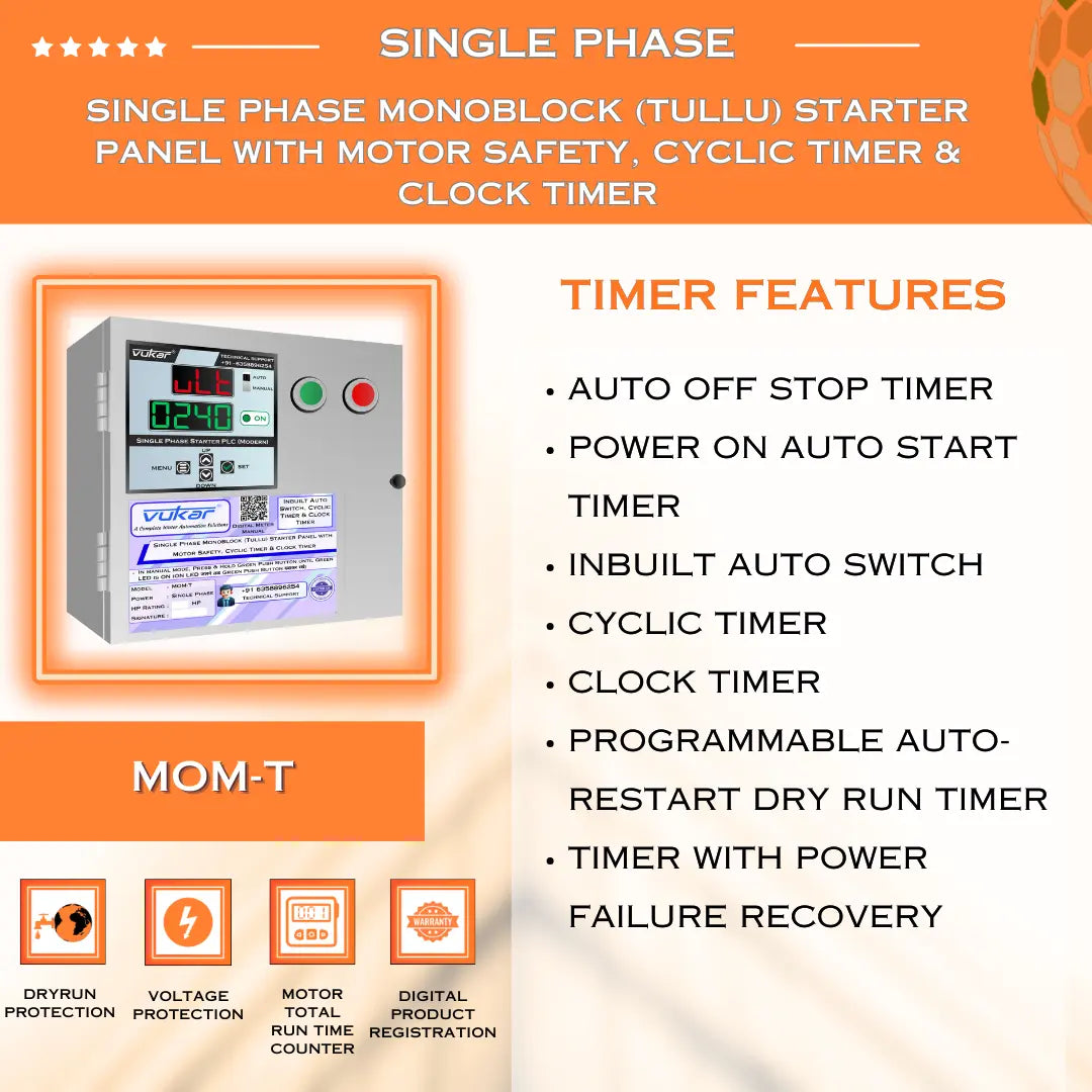 Single Phase Monoblock  (Tullu) Starter Panel with Motor Safety, Cyclic Timer & Clock Timer (MOM-T) VUKAR