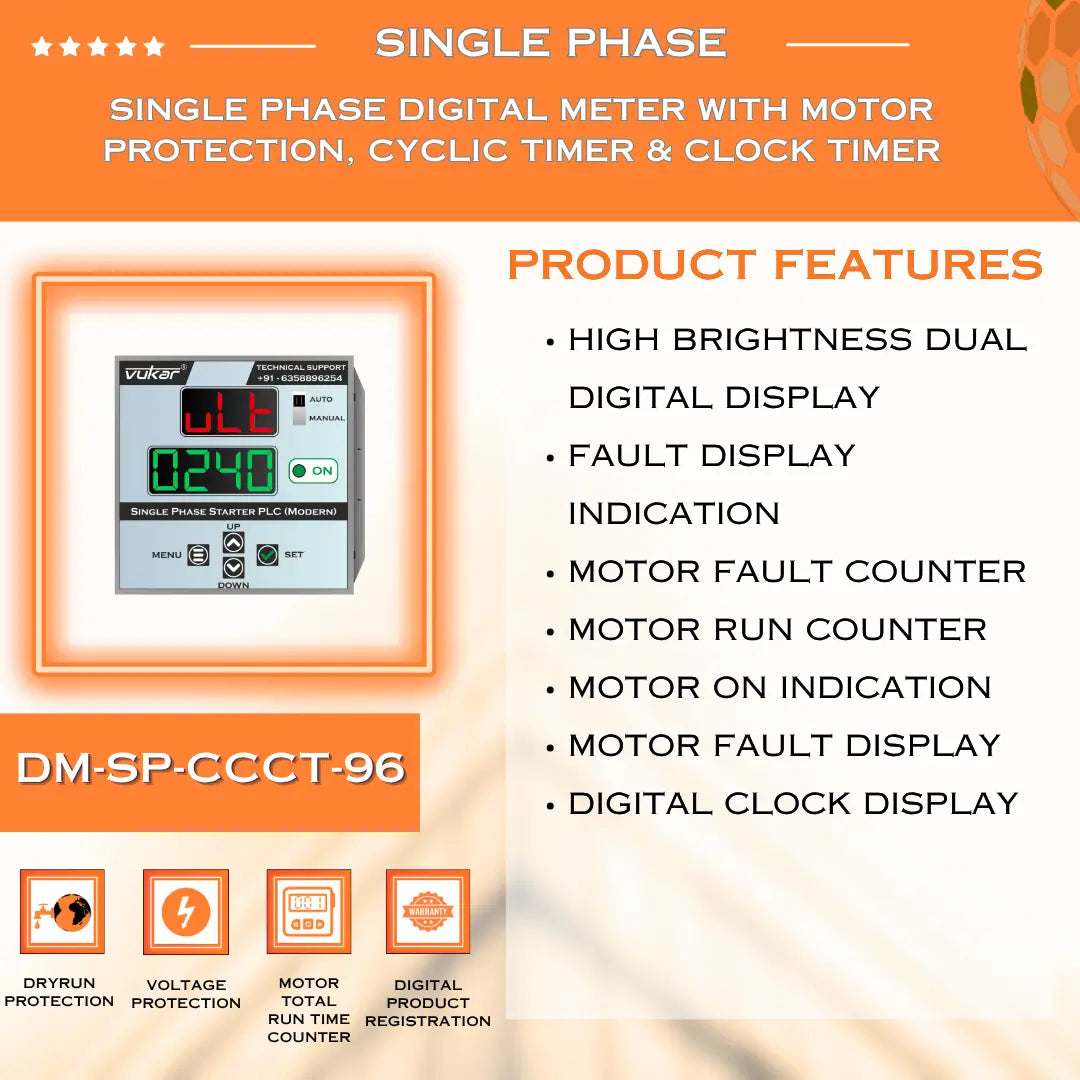 Single Phase Digital Meter with Motor Protection, Cyclic Timer & Clock Timer (DM-SP-CCCT-96) VUKAR