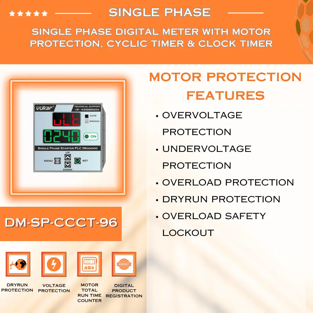 Single Phase Digital Meter with Motor Protection, Cyclic Timer & Clock Timer (DM-SP-CCCT-96) VUKAR