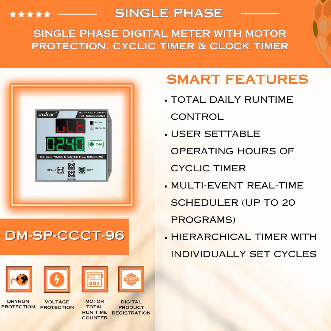 Single Phase Digital Meter with Motor Protection, Cyclic Timer & Clock Timer (DM-SP-CCCT-96) VUKAR
