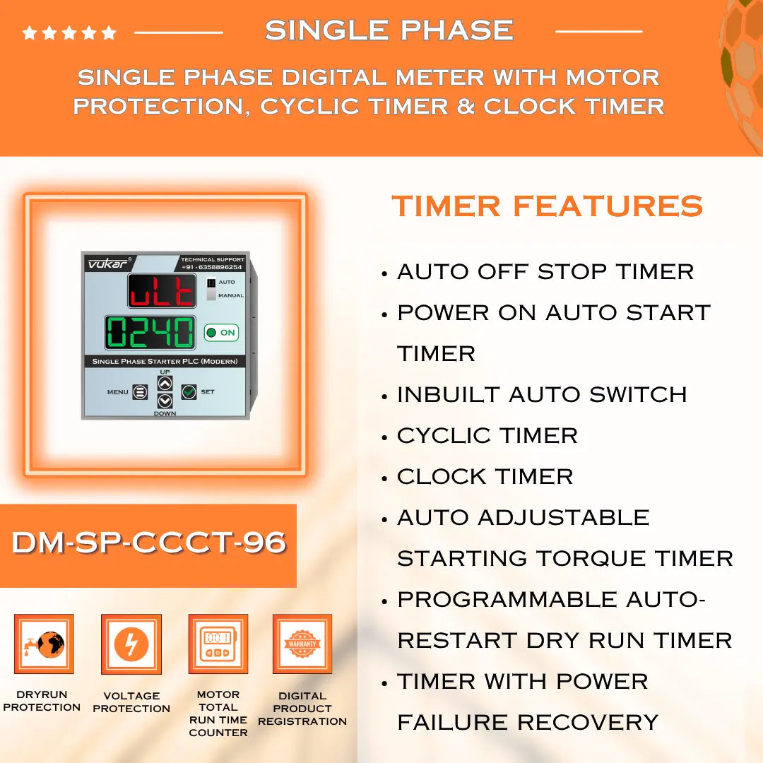 Single Phase Digital Meter with Motor Protection, Cyclic Timer & Clock Timer (DM-SP-CCCT-96) VUKAR