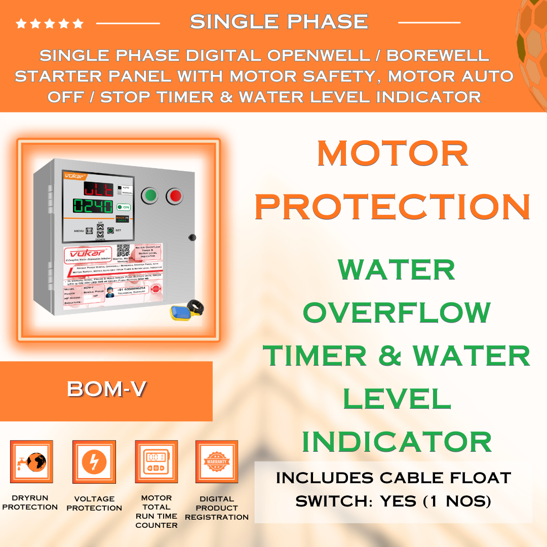 Single Phase Digital Openwell / Borewell Starter Panel with Motor Safety, Motor Auto Off / Stop Timer & Water Level Indicator (BOM-V)
