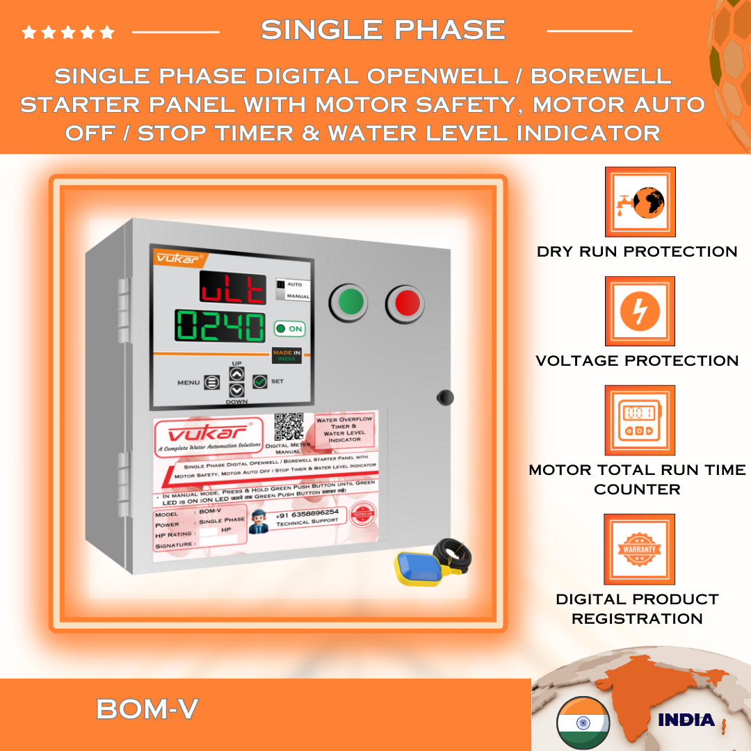 Single Phase Digital Openwell / Borewell Starter Panel with Motor Safety, Motor Auto Off / Stop Timer & Water Level Indicator (BOM-V)