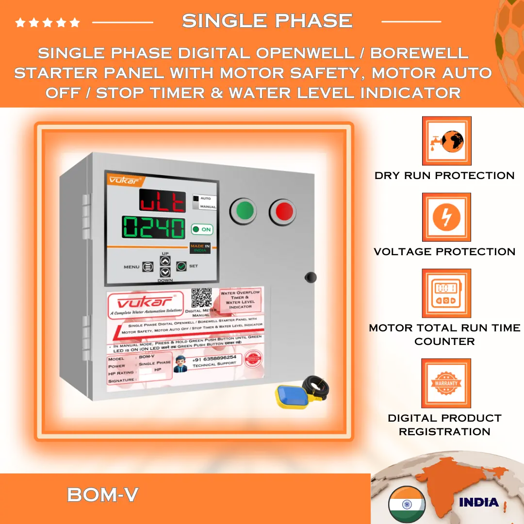 Single Phase Digital Openwell / Borewell Starter Panel with Motor Safety, Motor Auto Off / Stop Timer & Water Level Indicator (BOM-V) VUKAR