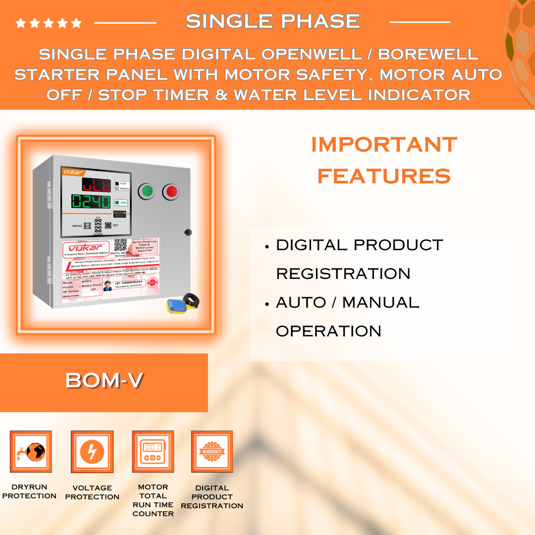Single Phase Digital Openwell / Borewell Starter Panel with Motor Safety, Motor Auto Off / Stop Timer & Water Level Indicator (BOM-V)