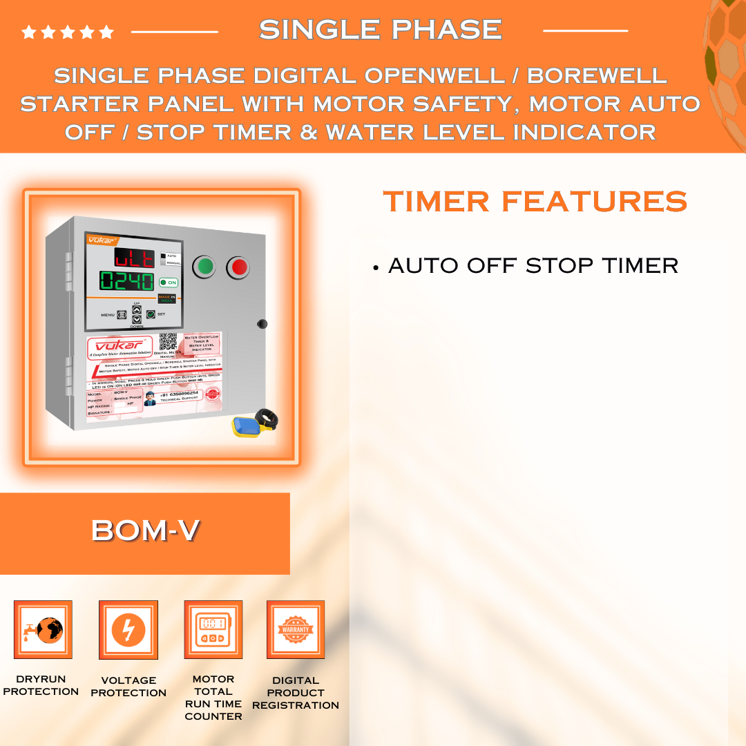 Single Phase Digital Openwell / Borewell Starter Panel with Motor Safety, Motor Auto Off / Stop Timer & Water Level Indicator (BOM-V)