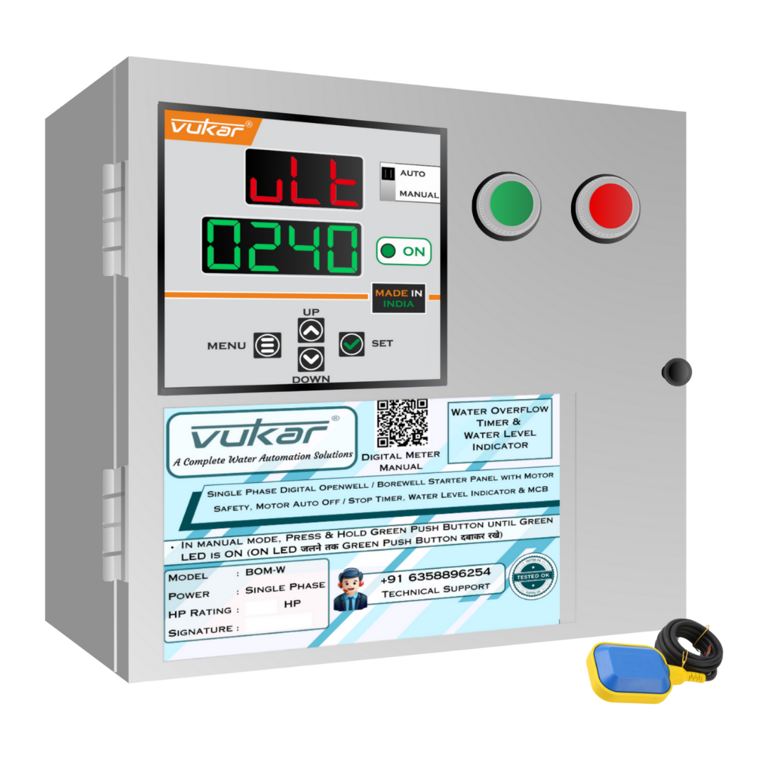 Single Phase Digital Openwell / Borewell Starter Panel with Motor Safety, Motor Auto Off / Stop Timer, Water Level Indicator & MCB (BOM-W)