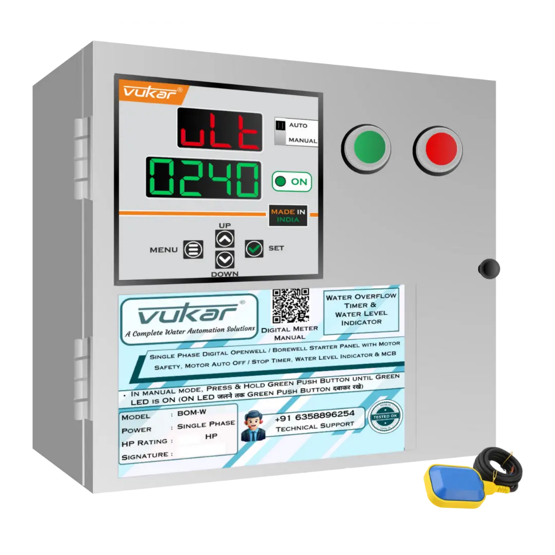 Single Phase Digital Openwell / Borewell Starter Panel with Motor Safety, Motor Auto Off / Stop Timer, Water Level Indicator & MCB (BOM-W) VUKAR