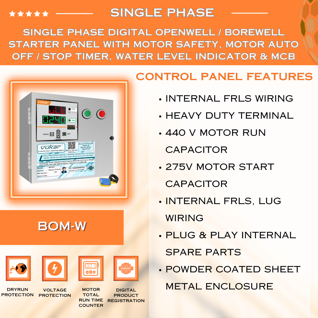 Single Phase Digital Openwell / Borewell Starter Panel with Motor Safety, Motor Auto Off / Stop Timer, Water Level Indicator & MCB (BOM-W)