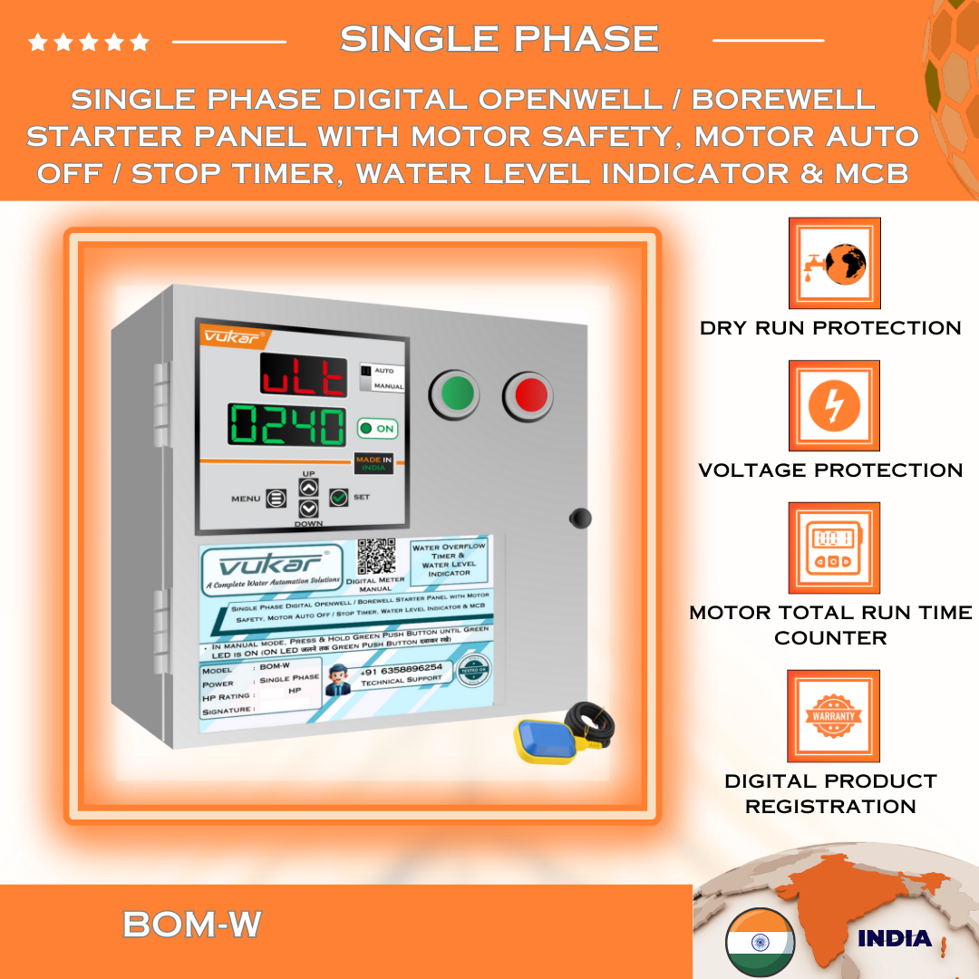 Single Phase Digital Openwell / Borewell Starter Panel with Motor Safety, Motor Auto Off / Stop Timer, Water Level Indicator & MCB (BOM-W)