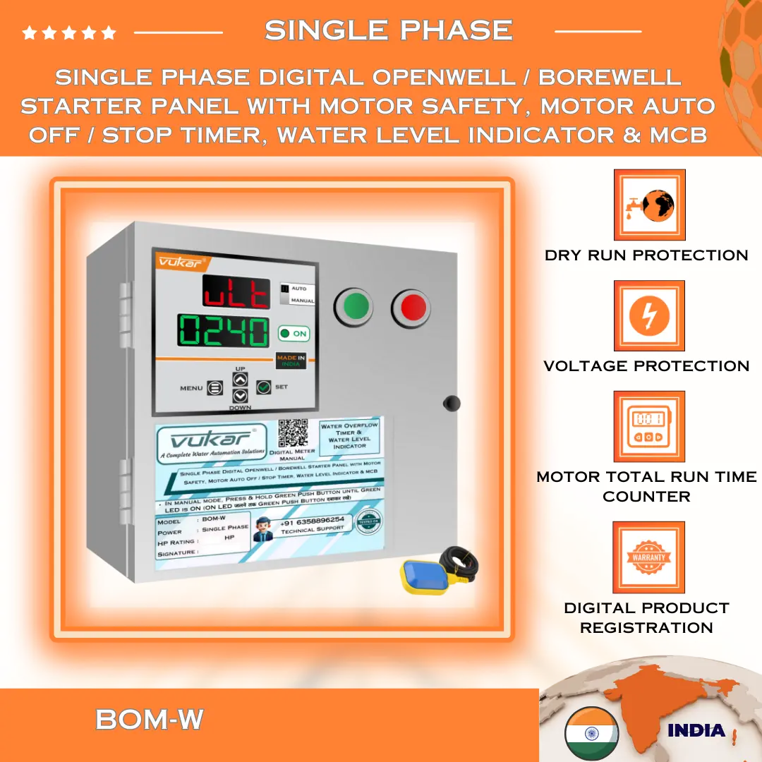 Single Phase Digital Openwell / Borewell Starter Panel with Motor Safety, Motor Auto Off / Stop Timer, Water Level Indicator & MCB (BOM-W) VUKAR