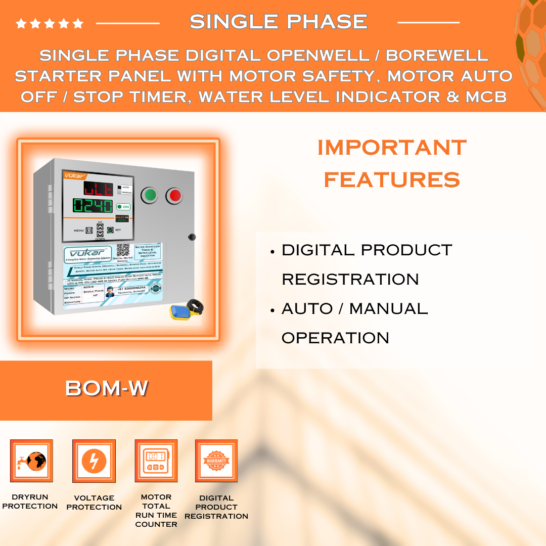 Single Phase Digital Openwell / Borewell Starter Panel with Motor Safety, Motor Auto Off / Stop Timer, Water Level Indicator & MCB (BOM-W)