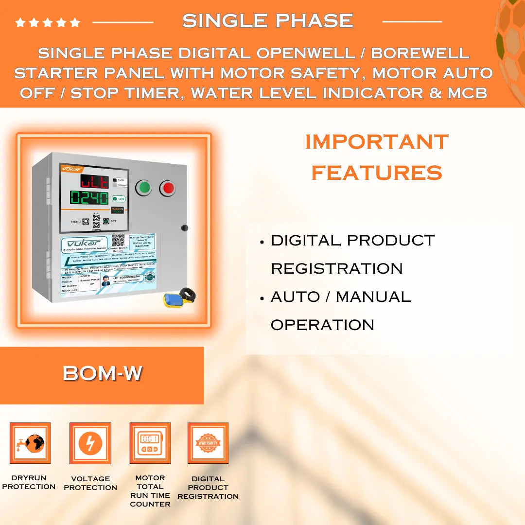 Single Phase Digital Openwell / Borewell Starter Panel with Motor Safety, Motor Auto Off / Stop Timer, Water Level Indicator & MCB (BOM-W) VUKAR