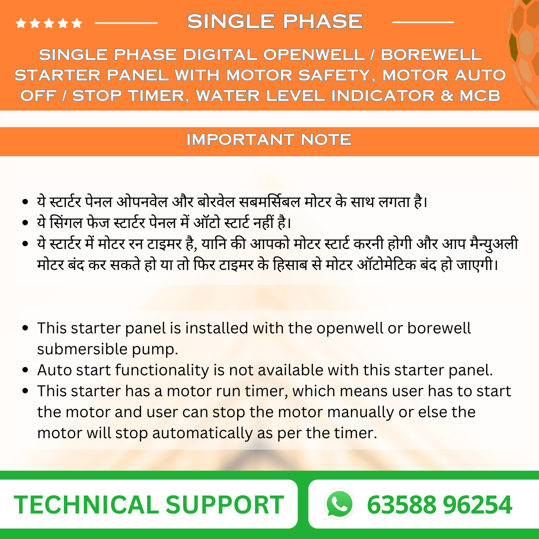Single Phase Digital Openwell / Borewell Starter Panel with Motor Safety, Motor Auto Off / Stop Timer, Water Level Indicator & MCB (BOM-W)