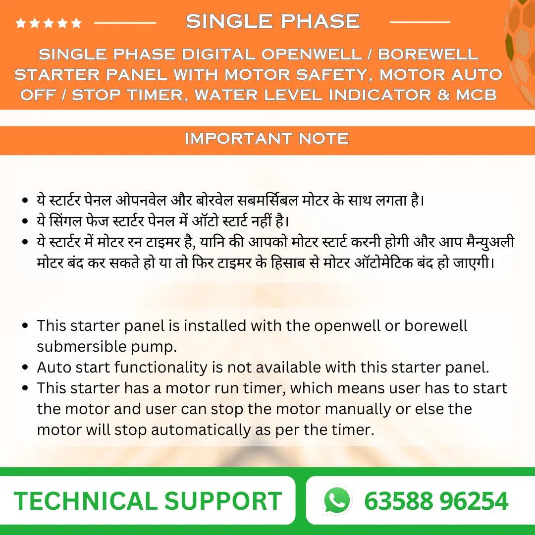 Single Phase Digital Openwell / Borewell Starter Panel with Motor Safety, Motor Auto Off / Stop Timer, Water Level Indicator & MCB (BOM-W) VUKAR