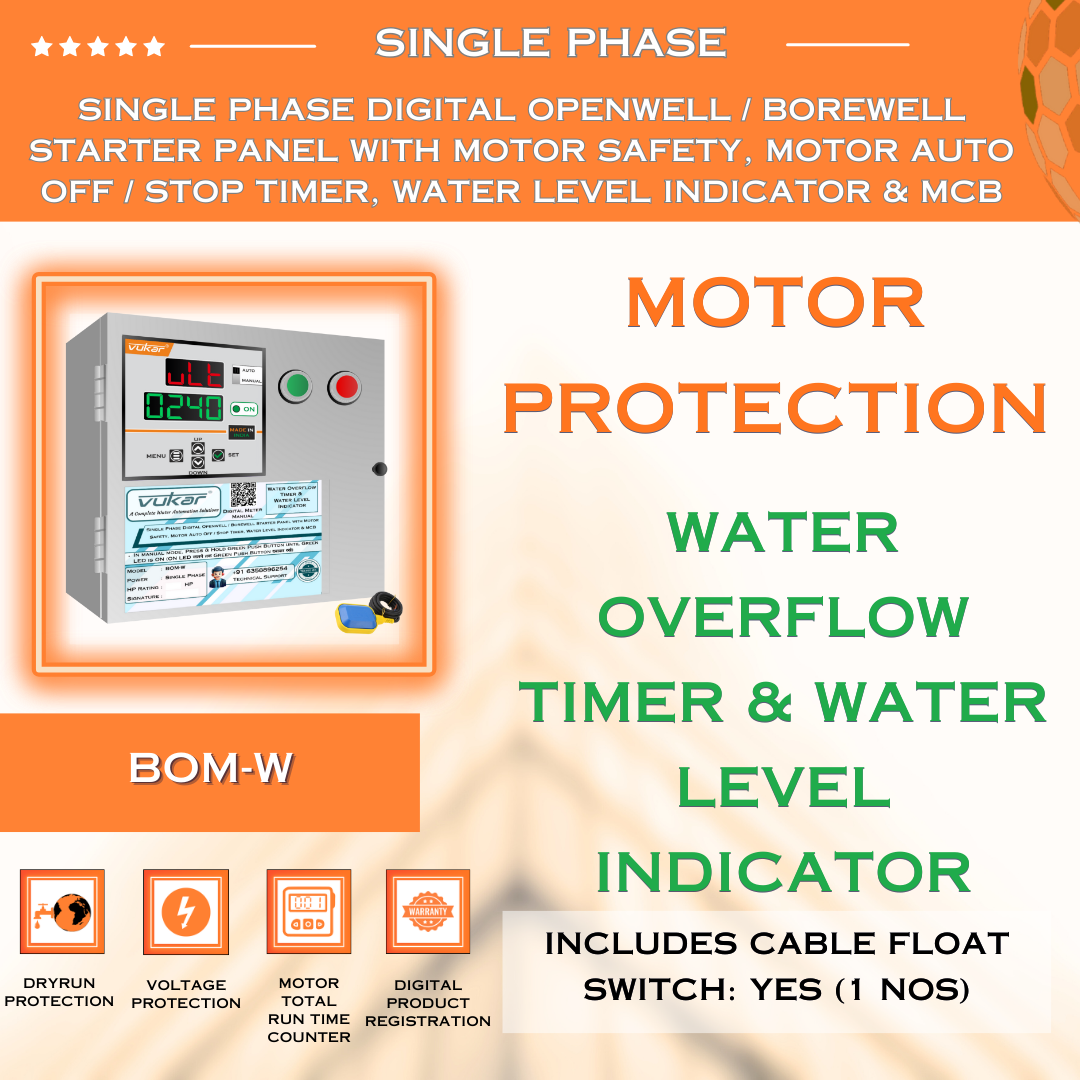 Single Phase Digital Openwell / Borewell Starter Panel with Motor Safety, Motor Auto Off / Stop Timer, Water Level Indicator & MCB (BOM-W)