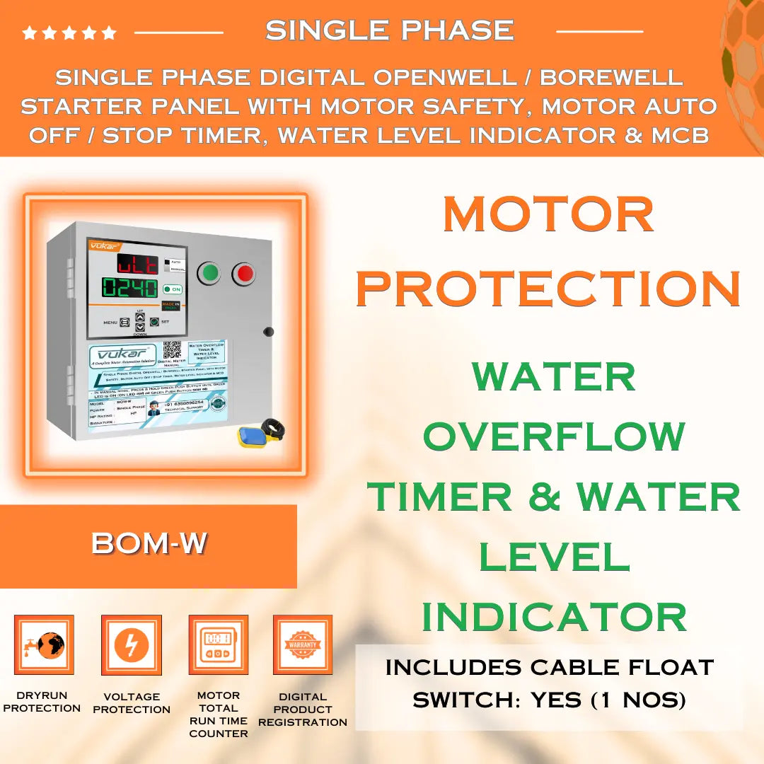 Single Phase Digital Openwell / Borewell Starter Panel with Motor Safety, Motor Auto Off / Stop Timer, Water Level Indicator & MCB (BOM-W) VUKAR