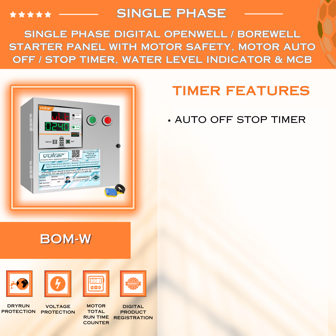 Single Phase Digital Openwell / Borewell Starter Panel with Motor Safety, Motor Auto Off / Stop Timer, Water Level Indicator & MCB (BOM-W)