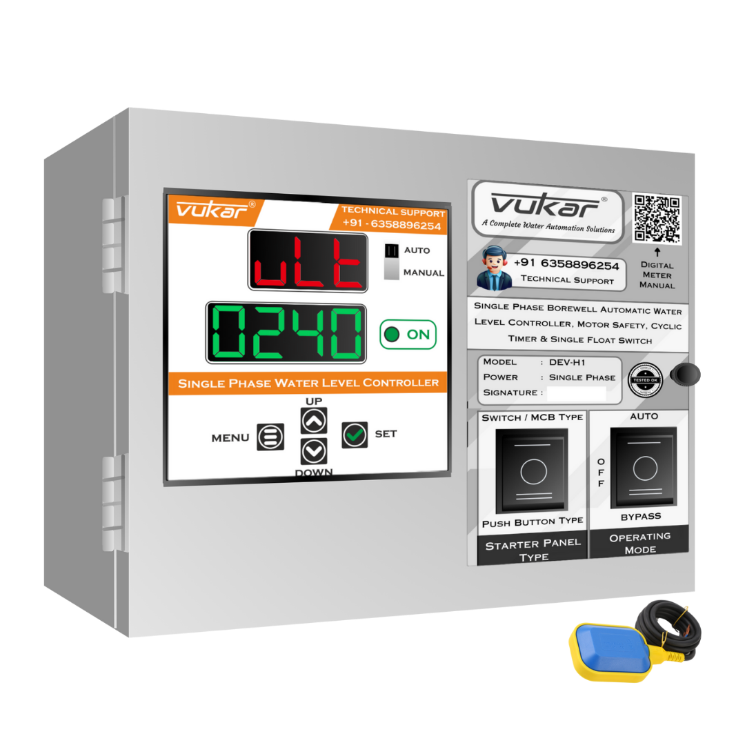 Single Phase Borewell Automatic Water Level Controller, Motor Safety, Cyclic Timer & Single Float Switch (DEV-H1)