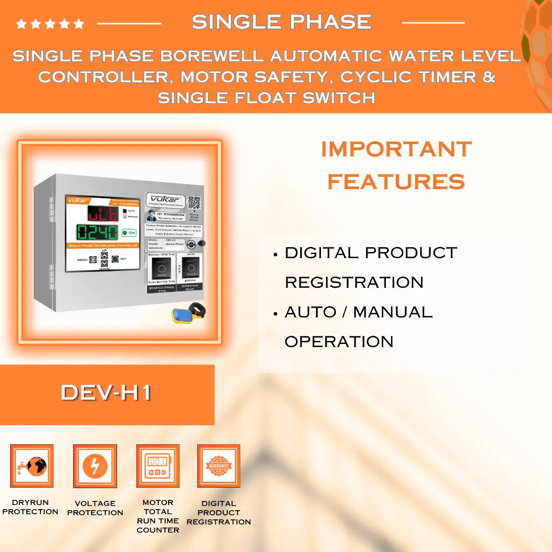 Single Phase Borewell Automatic Water Level Controller, Motor Safety, Cyclic Timer & Single Float Switch (DEV-H1) VUKAR