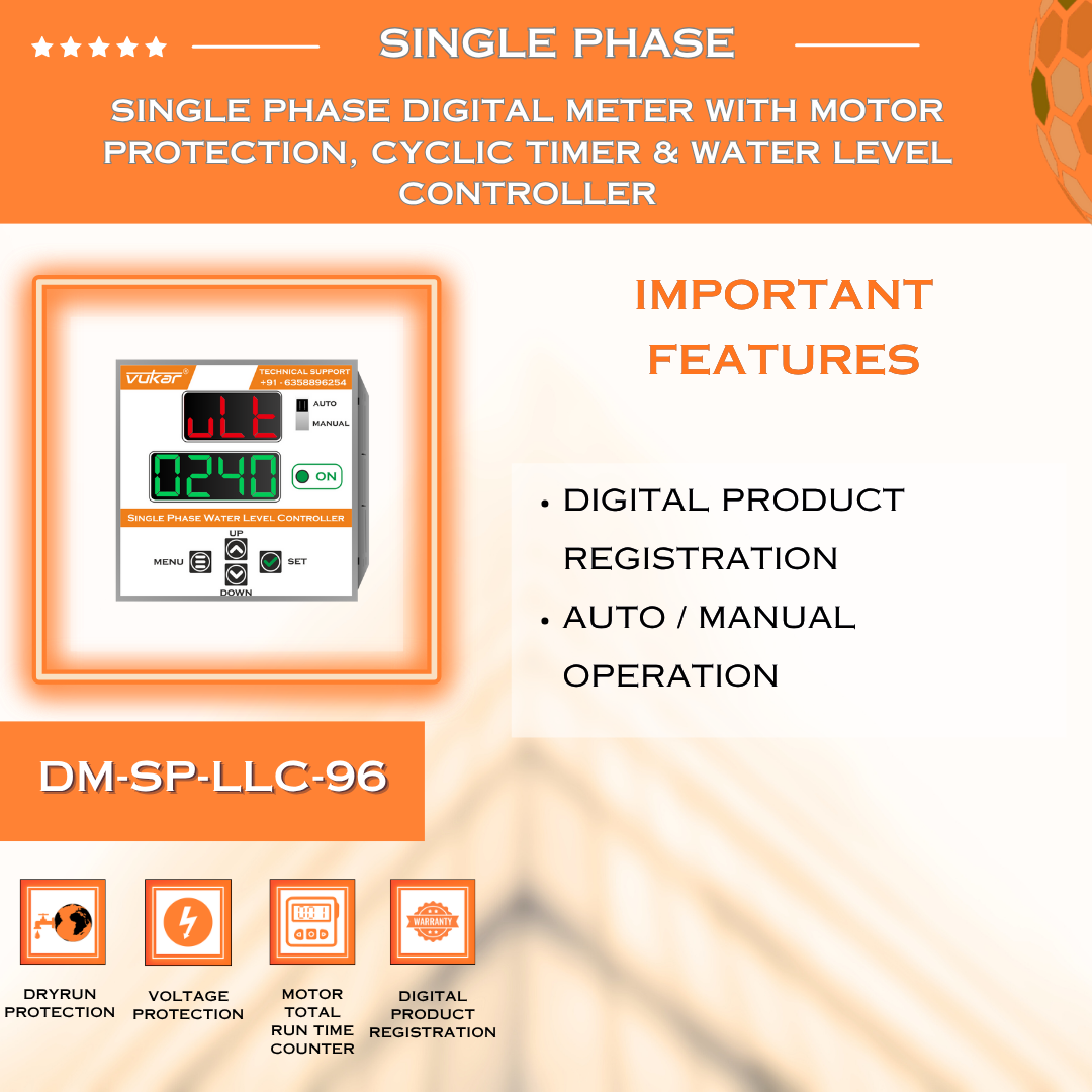 Single Phase Digital Meter with Motor Protection, Cyclic Timer & Water Level Controller (DM-SP-LLC-96)