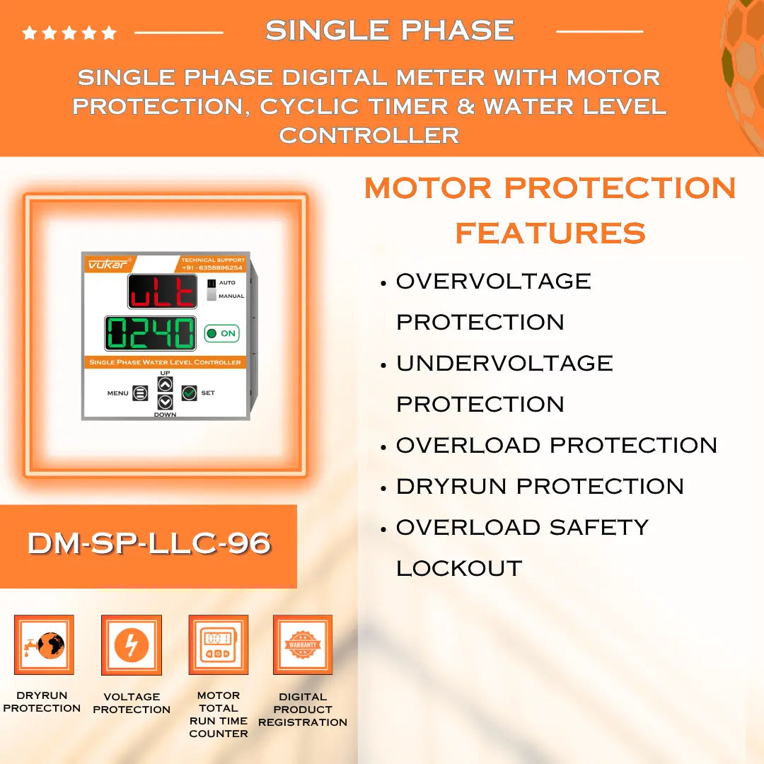 Single Phase Digital Meter with Motor Protection, Cyclic Timer & Water Level Controller (DM-SP-LLC-96) VUKAR