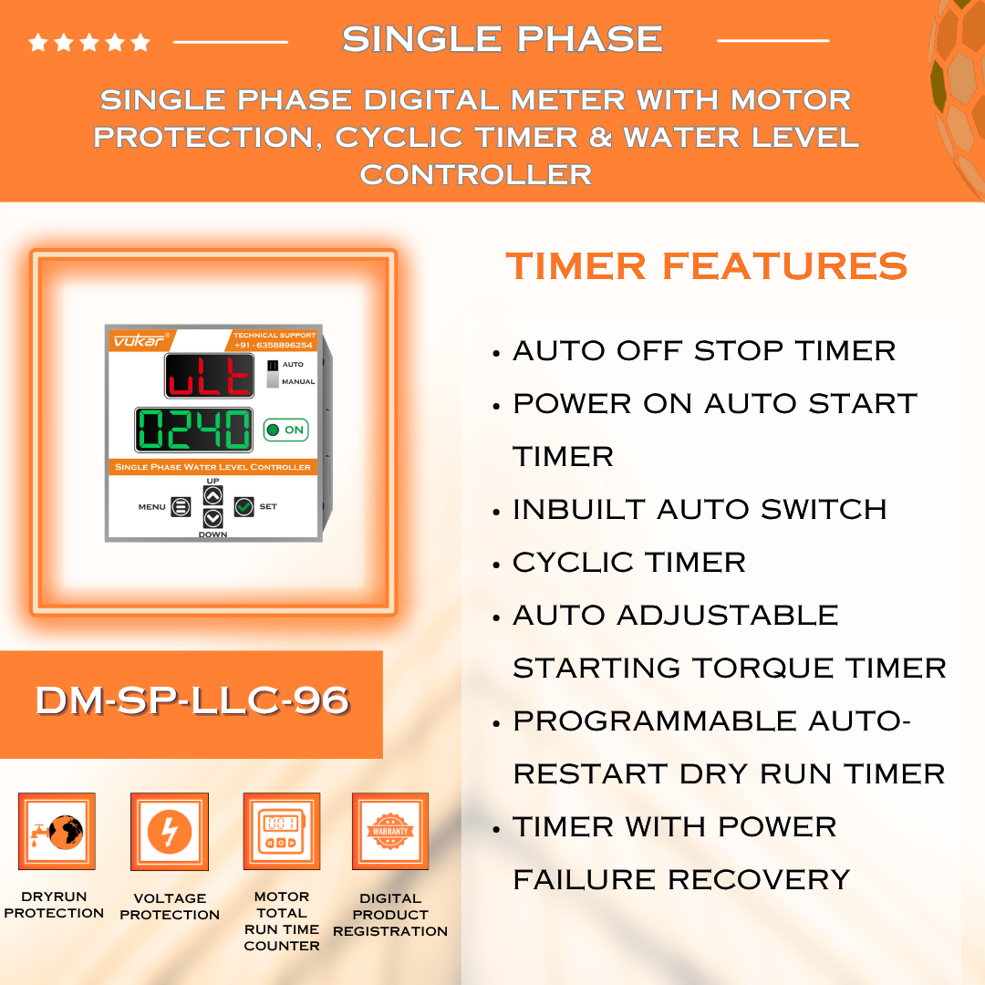 Single Phase Digital Meter with Motor Protection, Cyclic Timer & Water Level Controller (DM-SP-LLC-96)