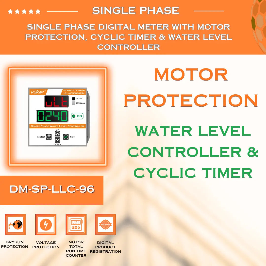 Single Phase Digital Meter with Motor Protection, Cyclic Timer & Water Level Controller (DM-SP-LLC-96) VUKAR