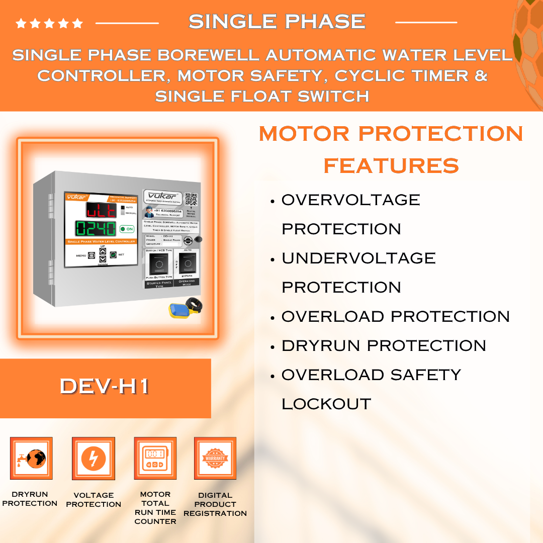 Single Phase Borewell Automatic Water Level Controller, Motor Safety, Cyclic Timer & Single Float Switch (DEV-H1)