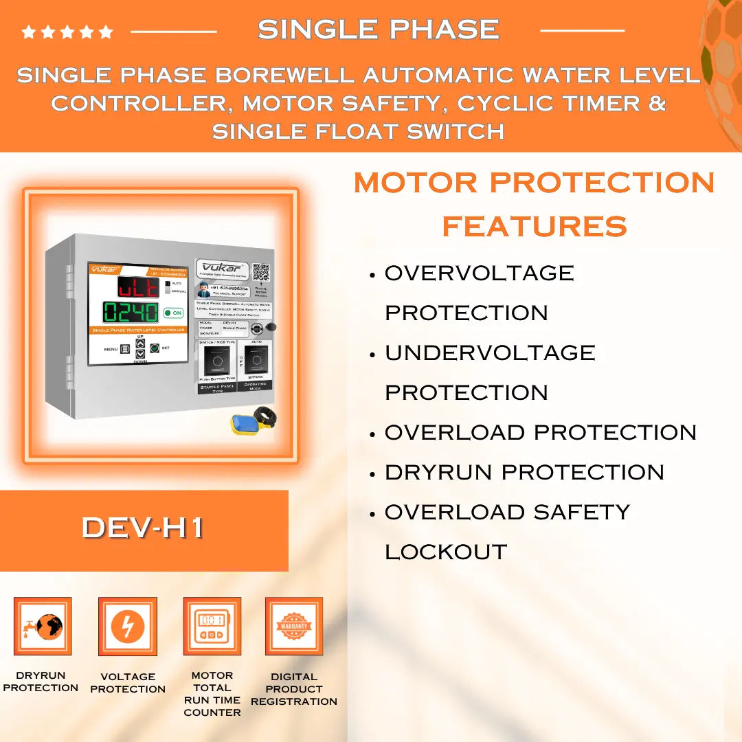 Single Phase Borewell Automatic Water Level Controller, Motor Safety, Cyclic Timer & Single Float Switch (DEV-H1) VUKAR