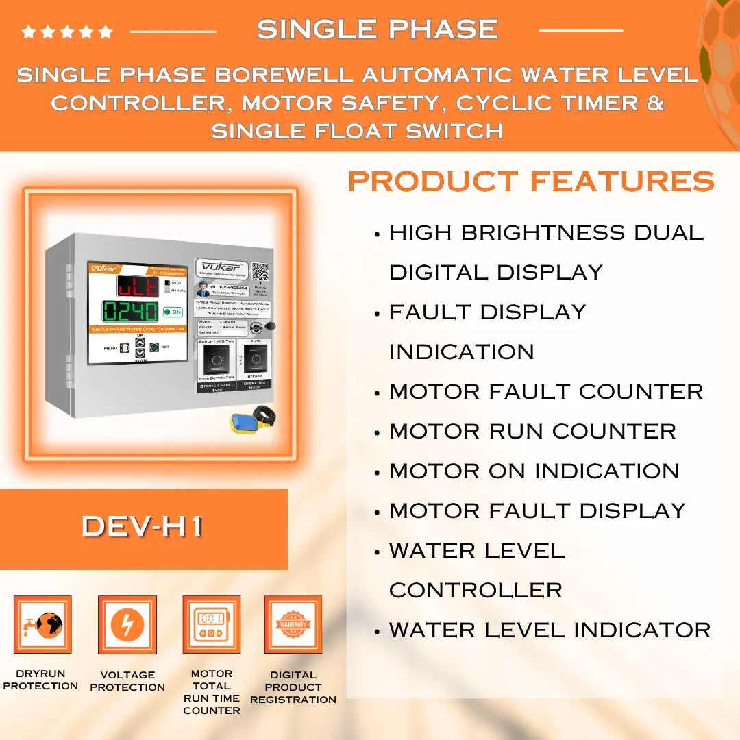 Single Phase Borewell Automatic Water Level Controller, Motor Safety, Cyclic Timer & Single Float Switch (DEV-H1) VUKAR