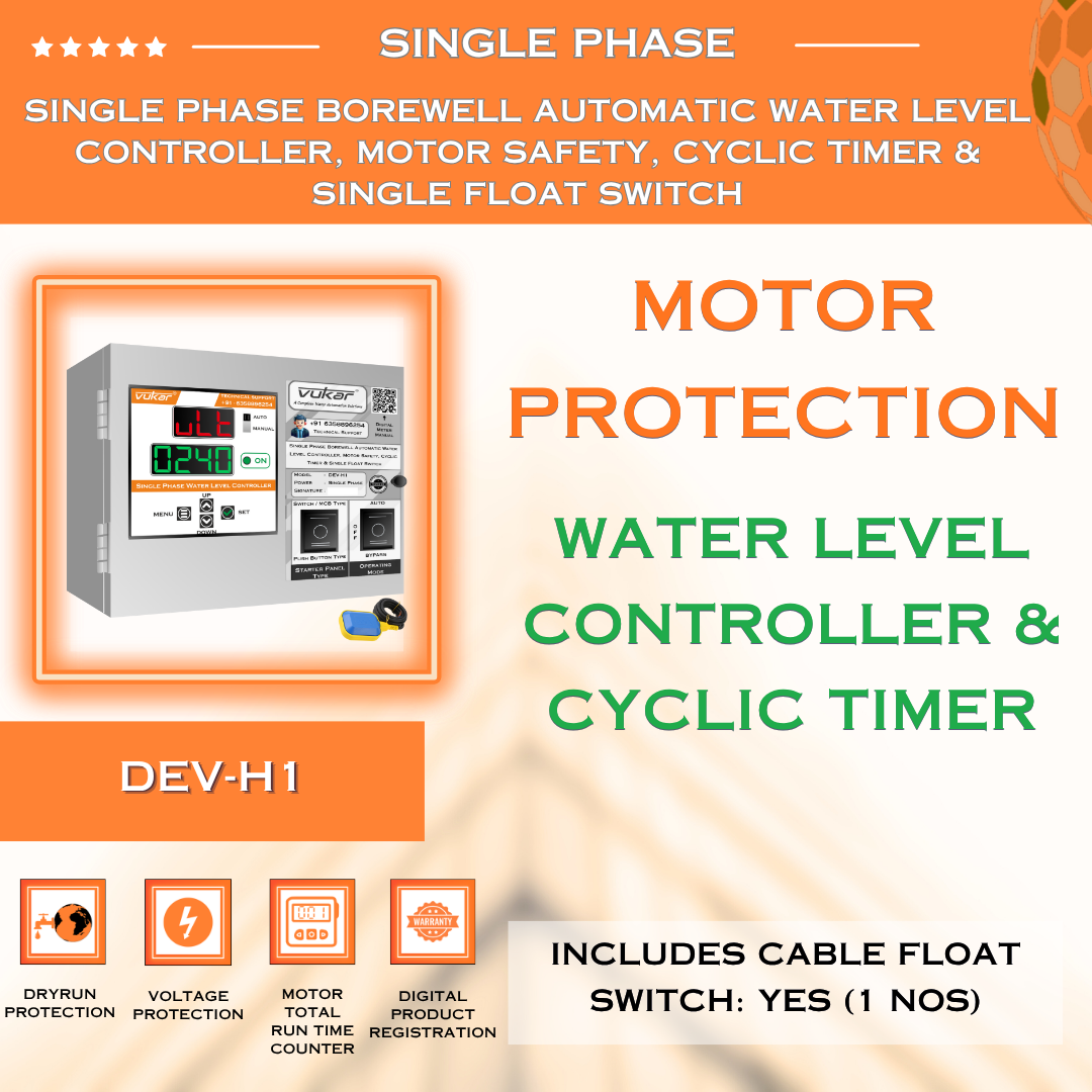 Single Phase Borewell Automatic Water Level Controller, Motor Safety, Cyclic Timer & Single Float Switch (DEV-H1)