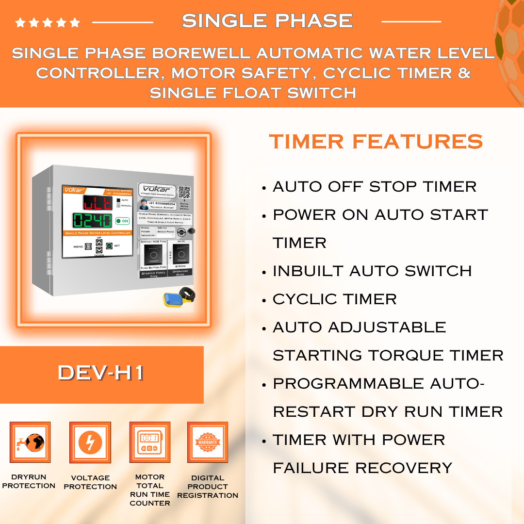 Single Phase Borewell Automatic Water Level Controller, Motor Safety, Cyclic Timer & Single Float Switch (DEV-H1)