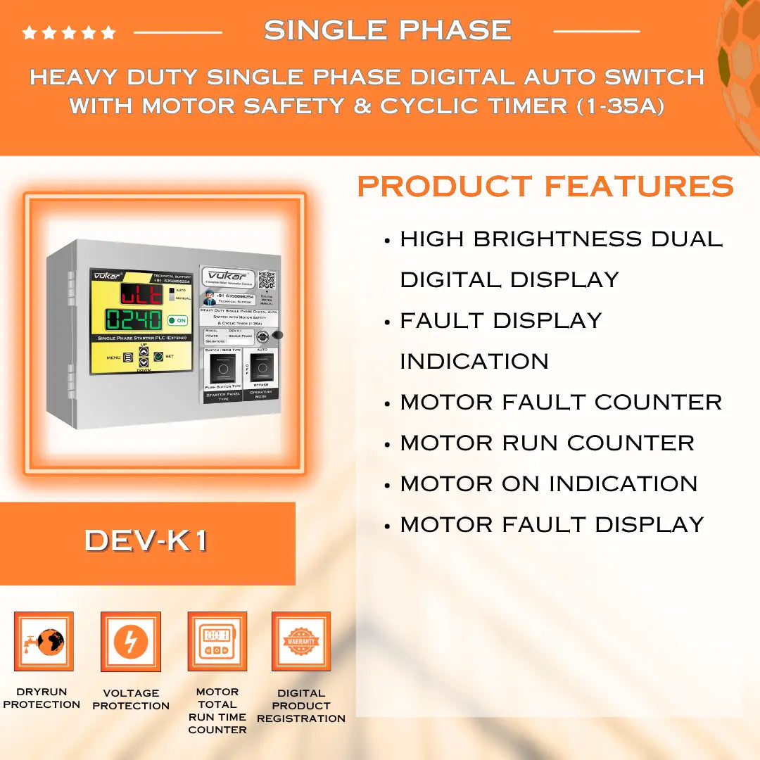 Heavy Duty Single Phase Digital Auto Switch with Motor Safety & Cyclic Timer (1-35A) (DEV-K1) VUKAR