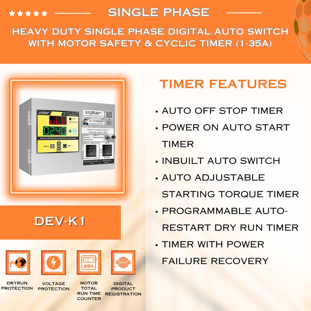 Heavy Duty Single Phase Digital Auto Switch with Motor Safety & Cyclic Timer (1-35A) (DEV-K1) VUKAR