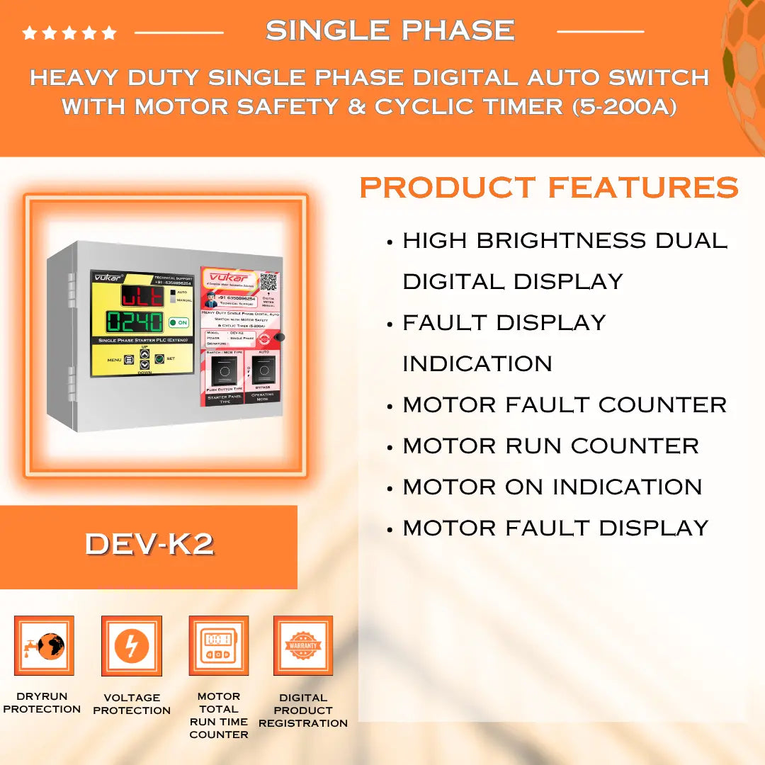 Heavy Duty Single Phase Digital Auto Switch with Motor Safety & Cyclic Timer (5-200A) (DEV-K2) VUKAR