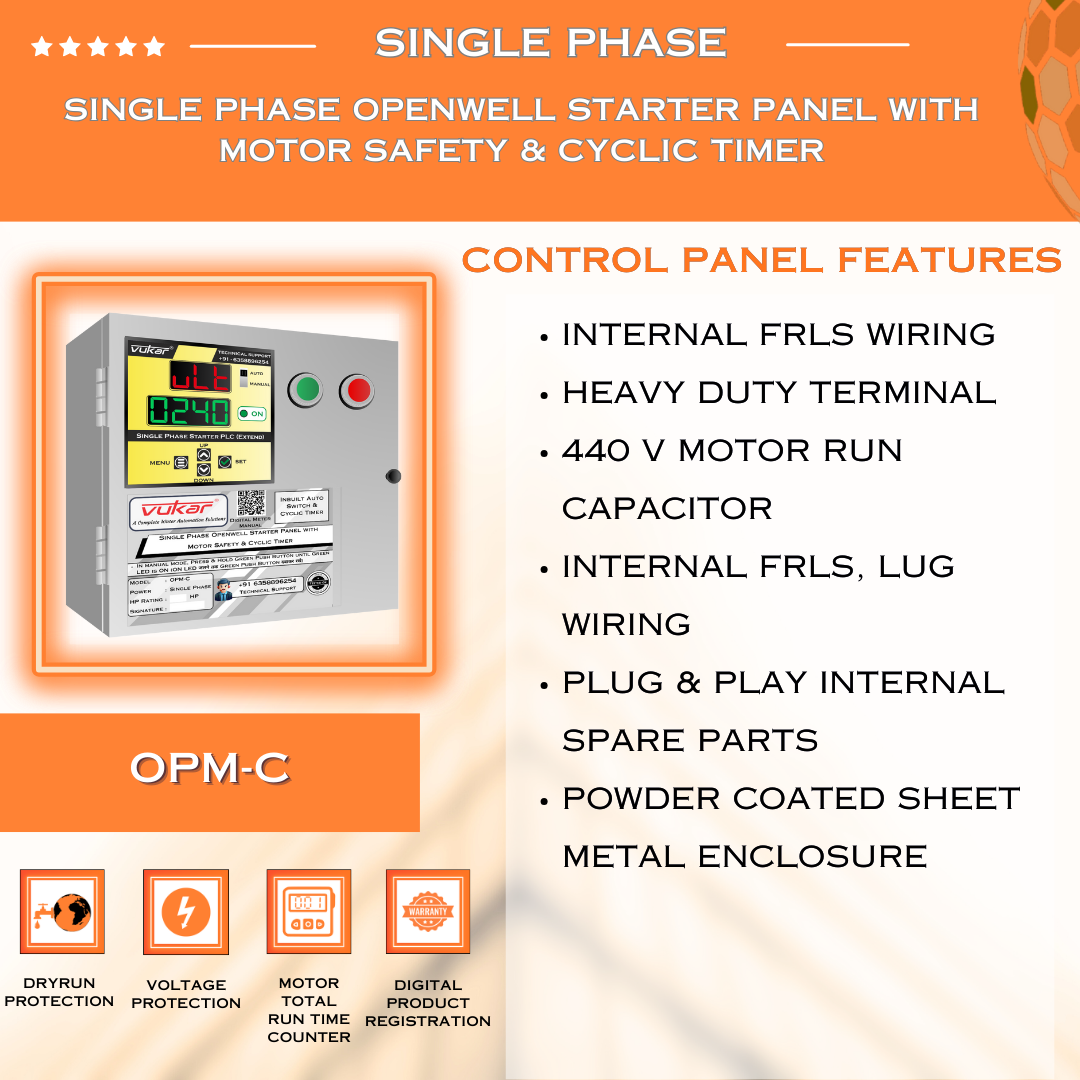 Single Phase Openwell Starter Panel with Motor Safety & Cyclic Timer (OPM-C)