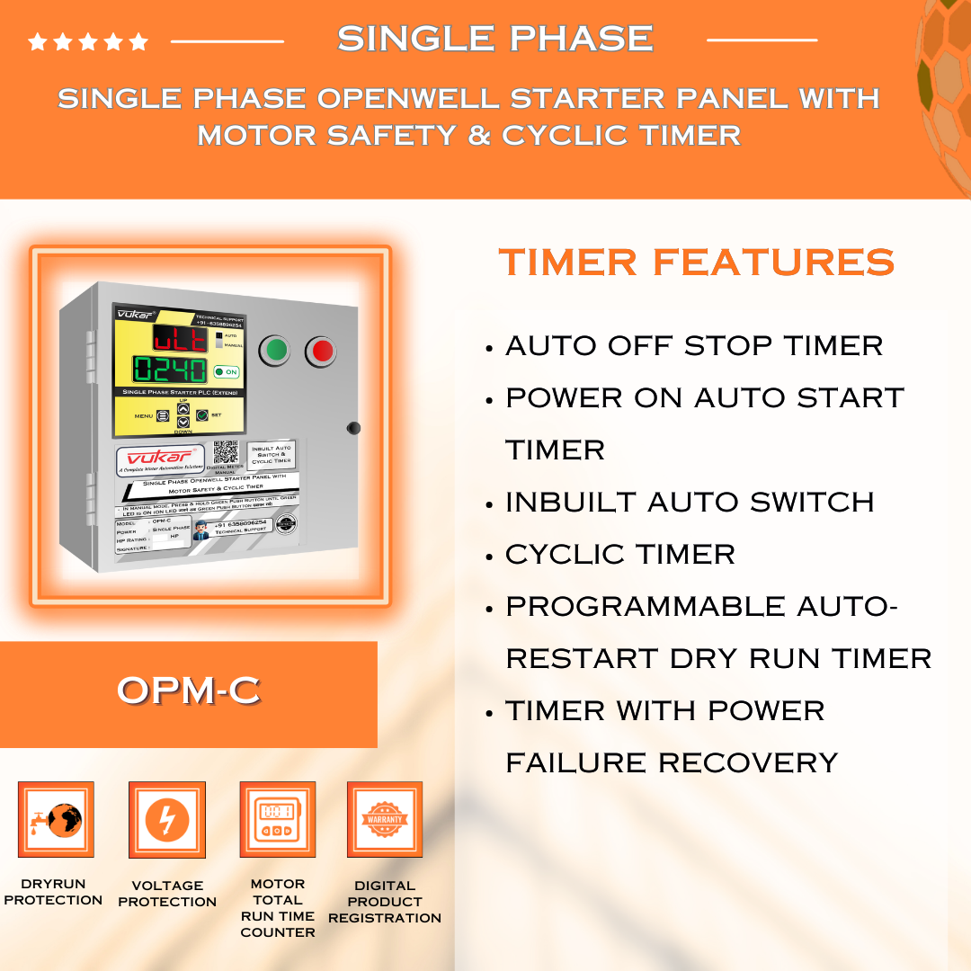 Single Phase Openwell Starter Panel with Motor Safety & Cyclic Timer (OPM-C)