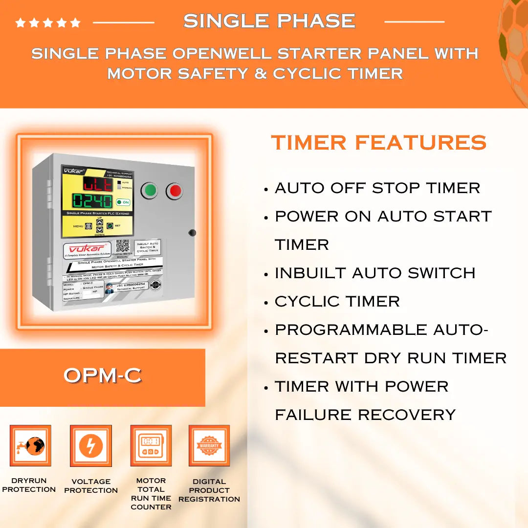 Single Phase Openwell Starter Panel with Motor Safety & Cyclic Timer (OPM-C) VUKAR