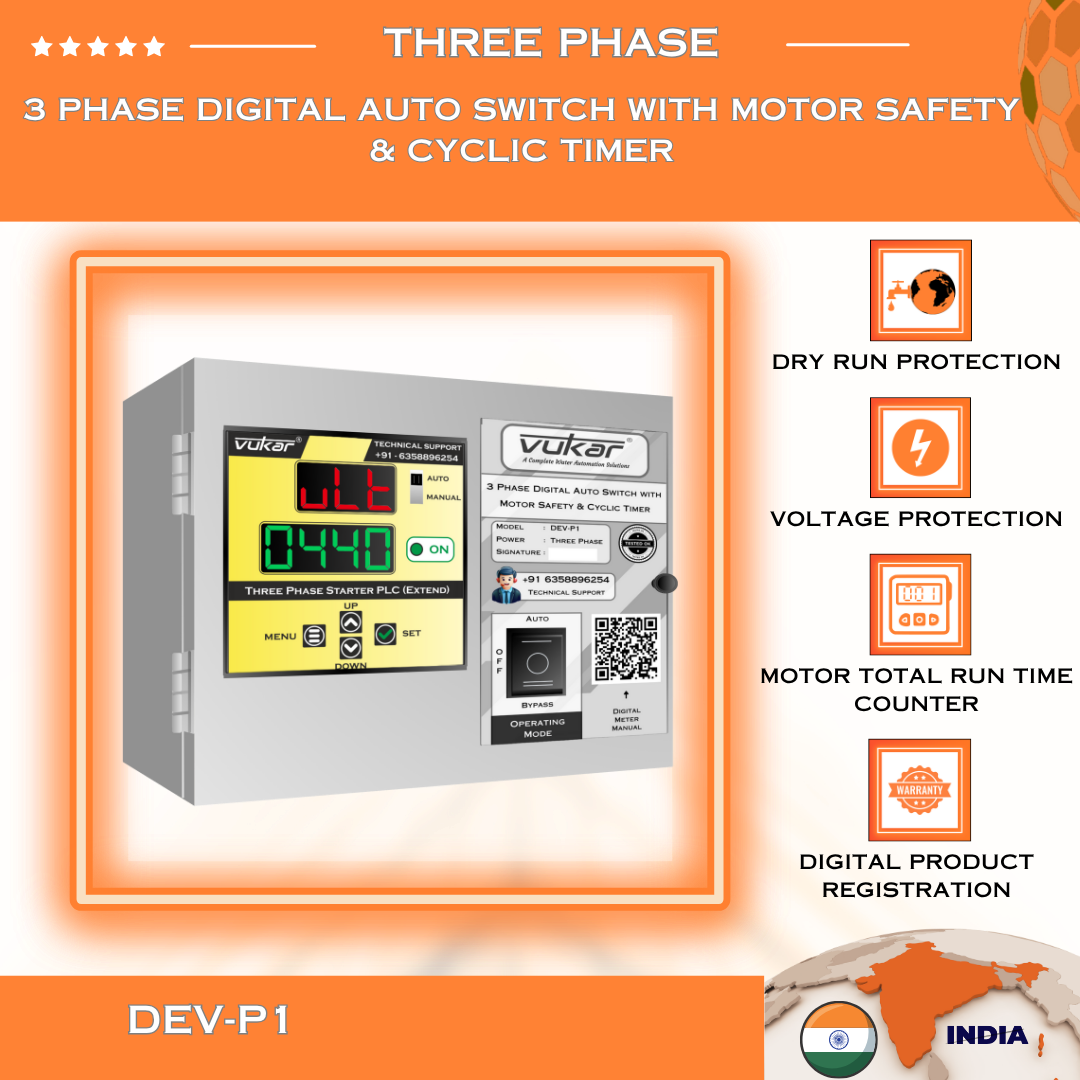 3 Phase Digital Auto Switch with Motor Safety & Cyclic Timer (DEV-P1)
