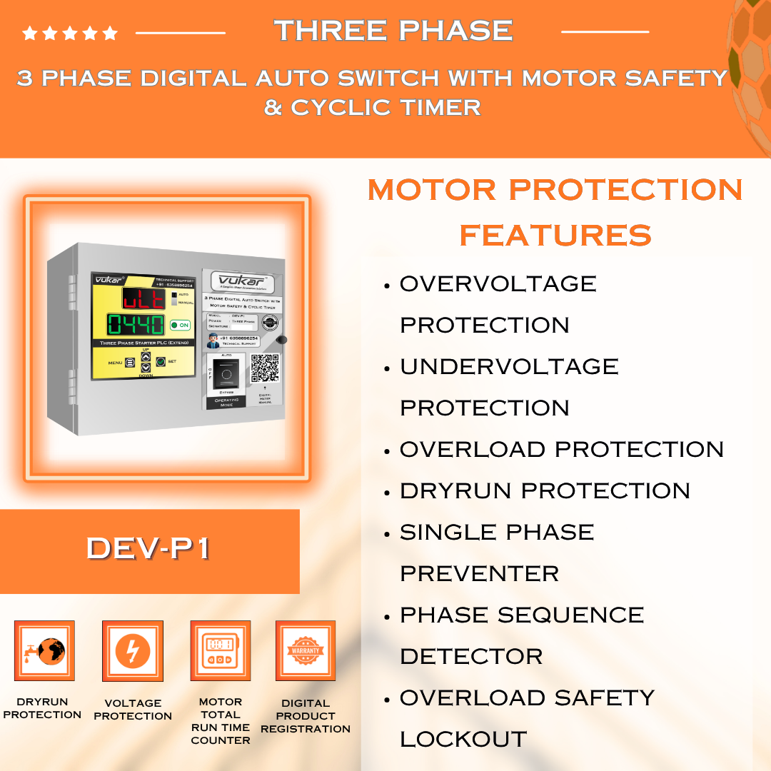 3 Phase Digital Auto Switch with Motor Safety & Cyclic Timer (DEV-P1)