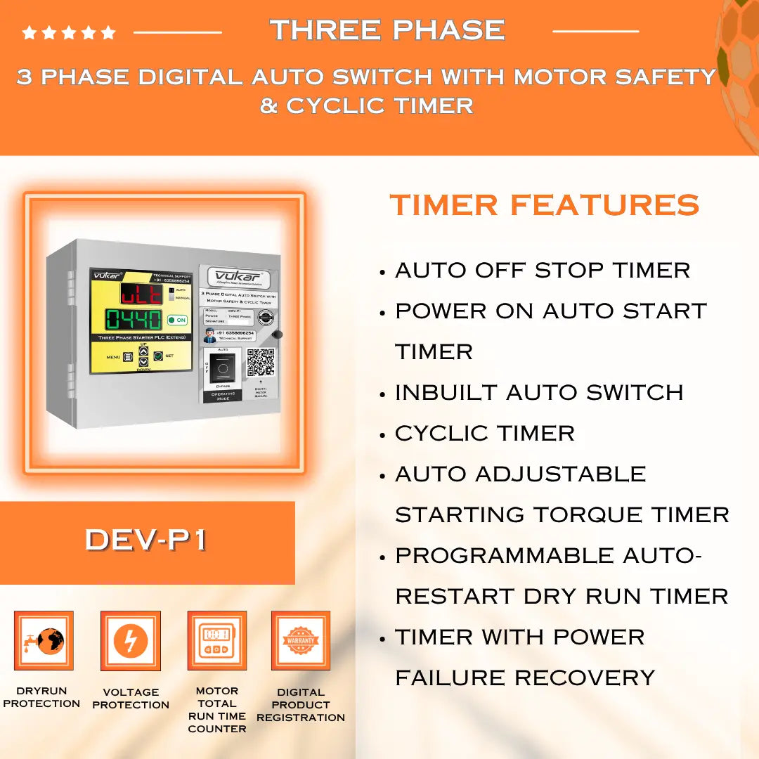 3 Phase Digital Auto Switch with Motor Safety & Cyclic Timer (DEV-P1) VUKAR