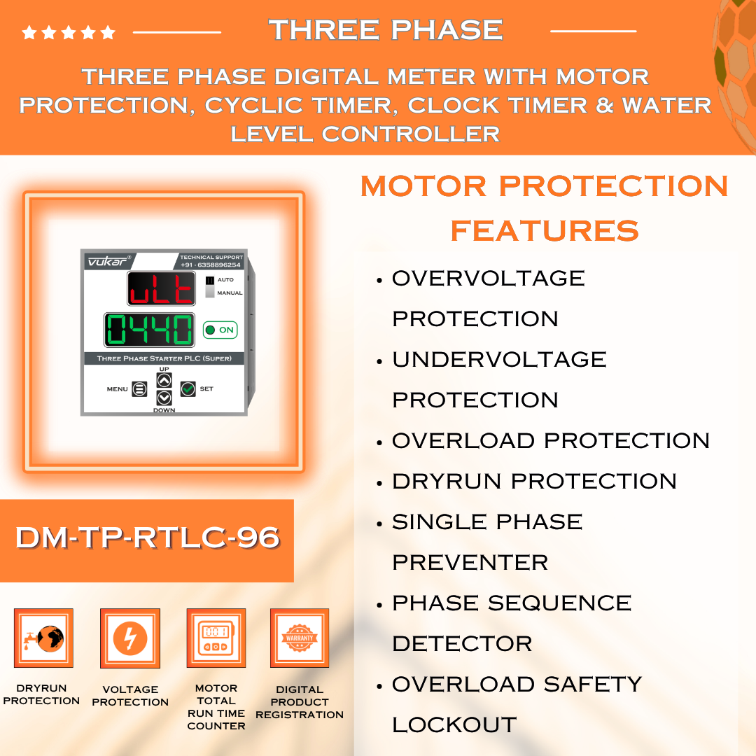 Three Phase Digital Meter with Motor Protection, Cyclic Timer, Clock Timer & Water Level Controller (DM-TP-RTLC-96)