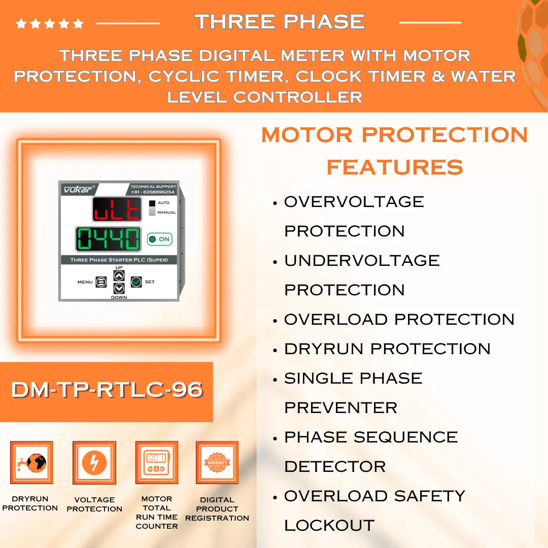 Three Phase Digital Meter with Motor Protection, Cyclic Timer, Clock Timer & Water Level Controller (DM-TP-RTLC-96) VUKAR