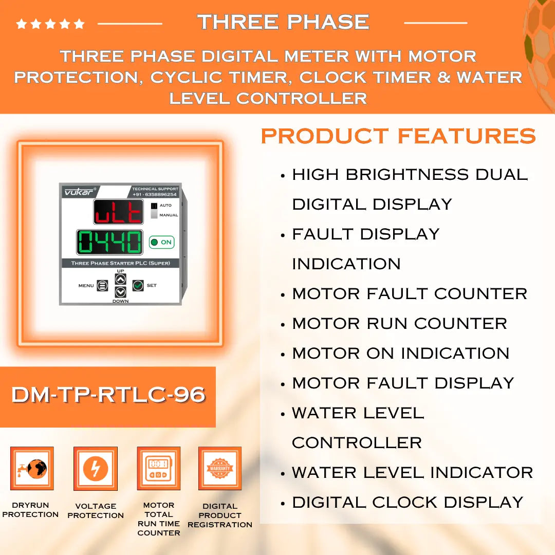 Three Phase Digital Meter with Motor Protection, Cyclic Timer, Clock Timer & Water Level Controller (DM-TP-RTLC-96) VUKAR