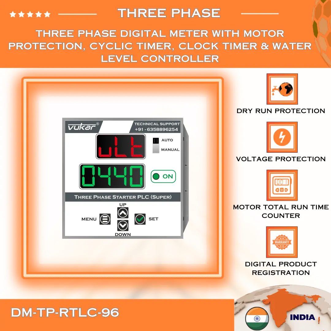 Three Phase Digital Meter with Motor Protection, Cyclic Timer, Clock Timer & Water Level Controller (DM-TP-RTLC-96) VUKAR