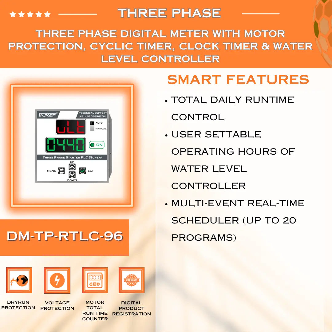 Three Phase Digital Meter with Motor Protection, Cyclic Timer, Clock Timer & Water Level Controller (DM-TP-RTLC-96) VUKAR