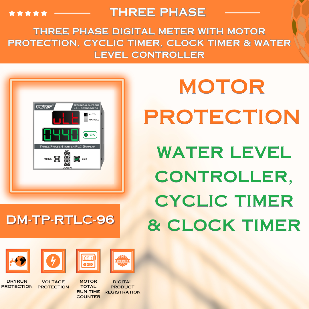Three Phase Digital Meter with Motor Protection, Cyclic Timer, Clock Timer & Water Level Controller (DM-TP-RTLC-96)