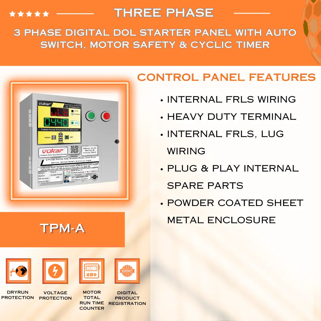 3 Phase Digital DOL Starter Panel with Auto Switch, Motor Safety & Cyclic Timer (TPM-A) VUKAR