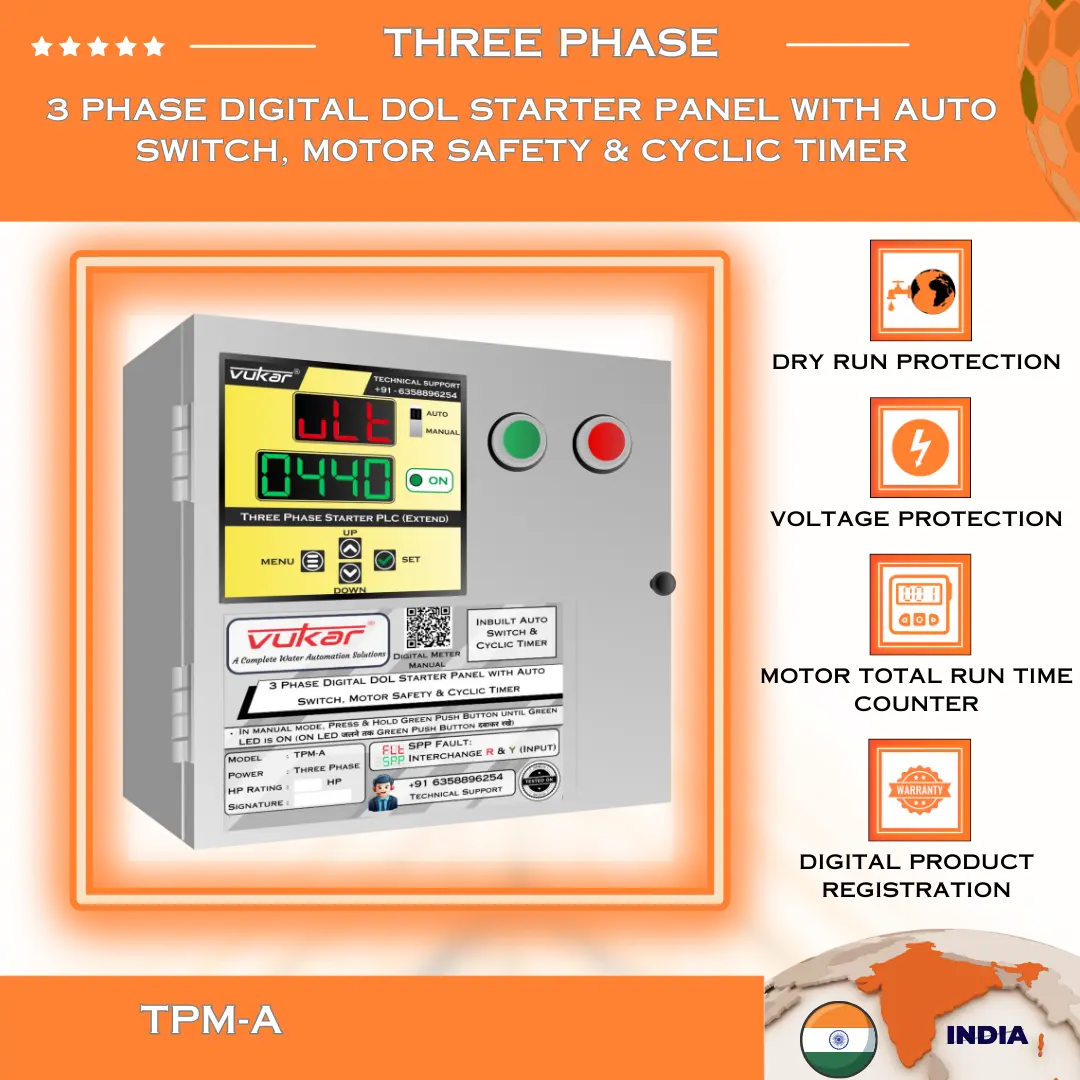3 Phase Digital DOL Starter Panel with Auto Switch, Motor Safety & Cyclic Timer (TPM-A) VUKAR